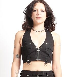 TRIPP NYC Black Halter Top with Silver Hardware — size S